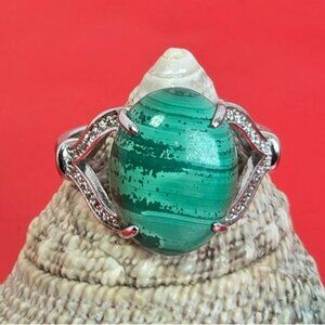 925 Sterling Silver Ring Sz 8.5 with Natural Malachite & CZ